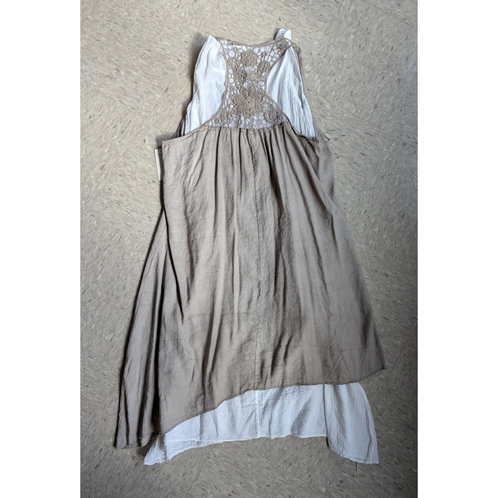 NWT 100% Linen Layered Boho Lagenlook Dress Crochet Back Tan Beige Made in Italy - Picture 8 of 12